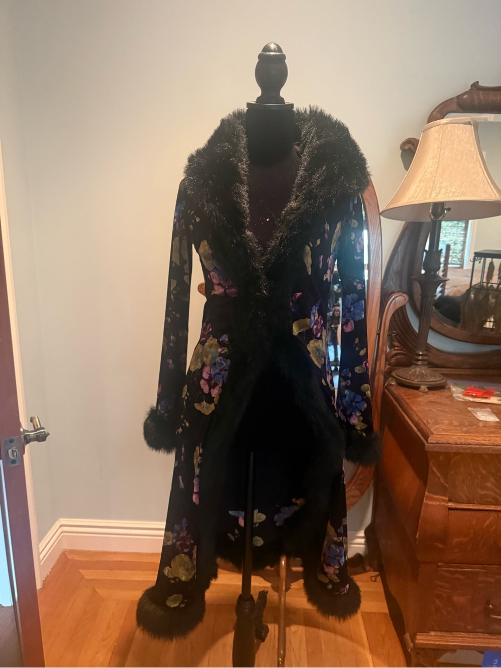 Betsey Johnson Black Floral Trench Coat with Faux Fur Trim
